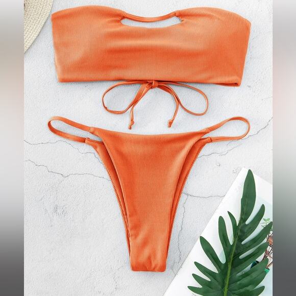 ZAFUL Ribbed Lace Up Bandeau String Bikini Swimsuit - Orange L NWT - Picture 2 of 8